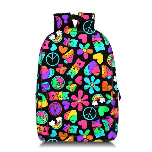 Colorful Hippie Peace & Love Pattern Backpack (19")