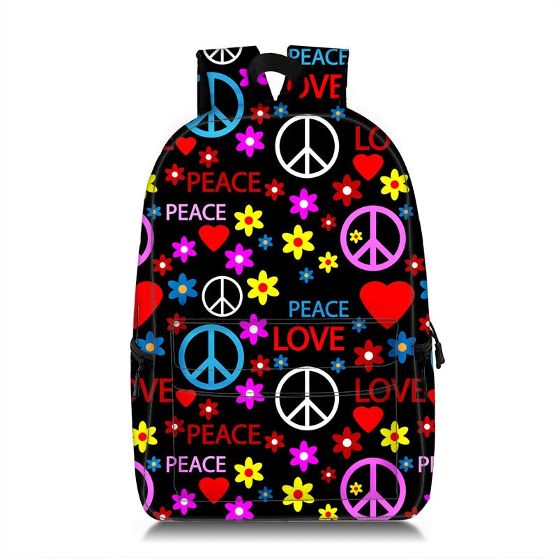 Colorful Hippie Peace & Love Pattern Backpack (19")