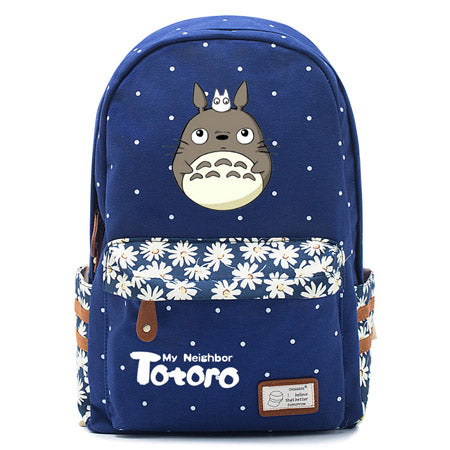 Totoro Anime Backpack w/ Flowers (17&quot;) Navy / Style 2