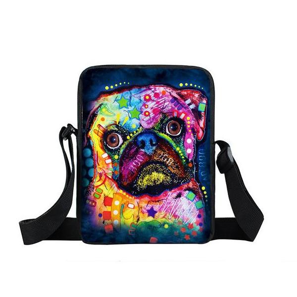 Psychedelic Dog Print Mini Shoulder / Messenger Bag (9&quot;) Pug / Nylon