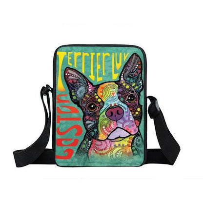Psychedelic Dog Print Mini Shoulder / Messenger Bag (9&quot;) Boston Terrier / Nylon