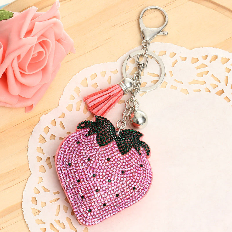 Rhinestone Strawberry Keychain Bag Charm w/ Tassels 