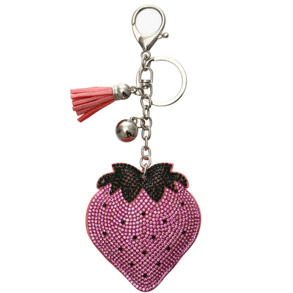 Rhinestone Strawberry Keychain Bag Charm w/ Tassels Pink