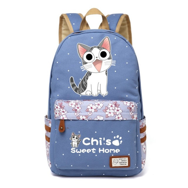 Chi's Anime Cat Backpack w/ Flowers (17&quot;) Style 1 / Blue