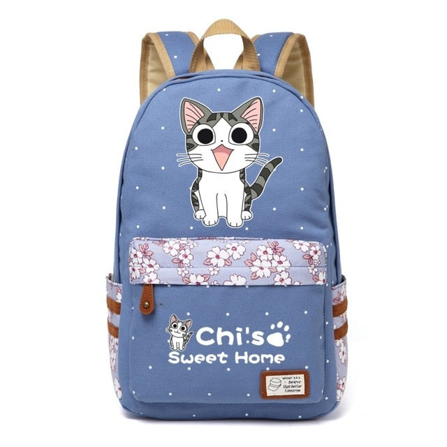 Chi's Anime Cat Backpack w/ Flowers (17&quot;) Style 2 / Blue