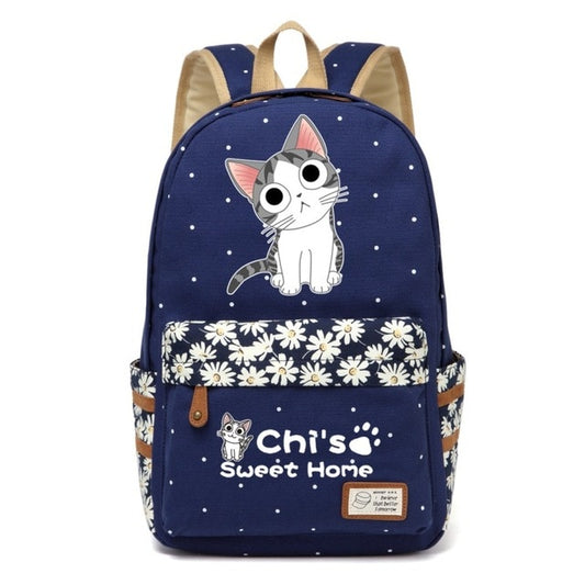 Chi's Anime Cat Backpack w/ Flowers (17&quot;) Style 4 / Navy