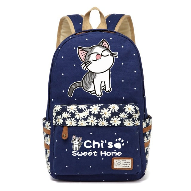 Chi's Anime Cat Backpack w/ Flowers (17&quot;) Style 3 / Navy