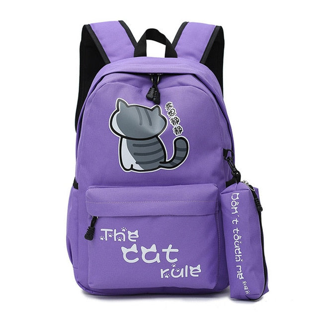 Neko Atsume Anime Cat Backpack (18&quot;) w/ Pencil Bag Style 2 / Purple