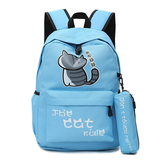 Neko Atsume Anime Cat Backpack (18&quot;) w/ Pencil Bag Style 2 / Blue