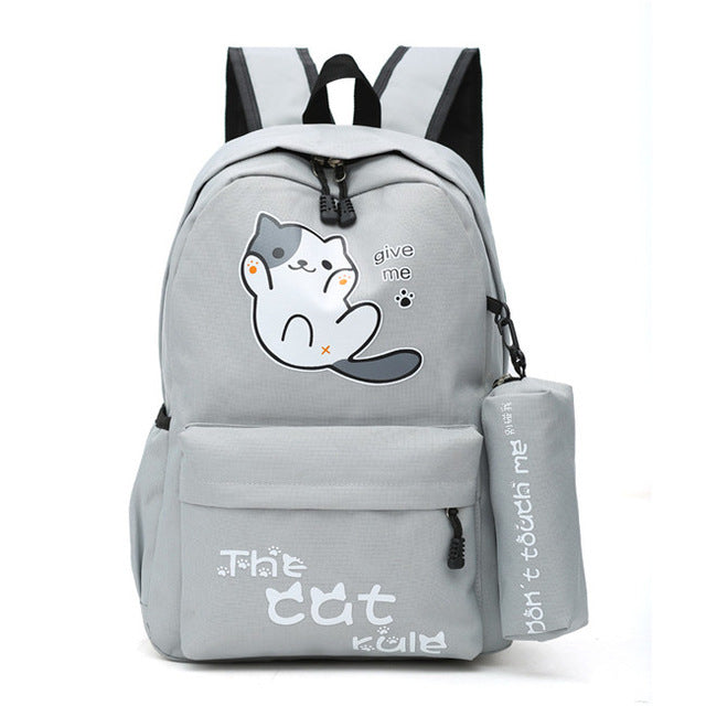 Neko Atsume Anime Cat Backpack (18&quot;) w/ Pencil Bag Style 1 / Gray