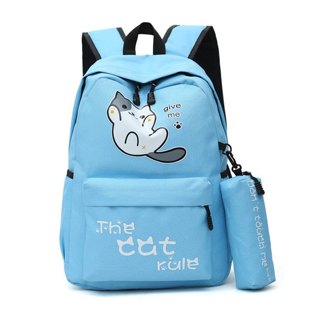 Neko Atsume Anime Cat Backpack (18&quot;) w/ Pencil Bag Style 1 / Blue