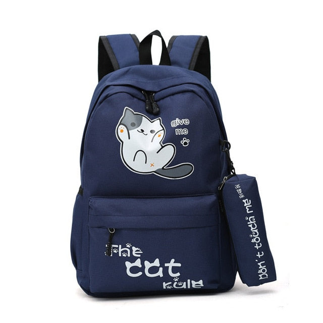 Neko Atsume Anime Cat Backpack (18&quot;) w/ Pencil Bag Style 1 / Navy
