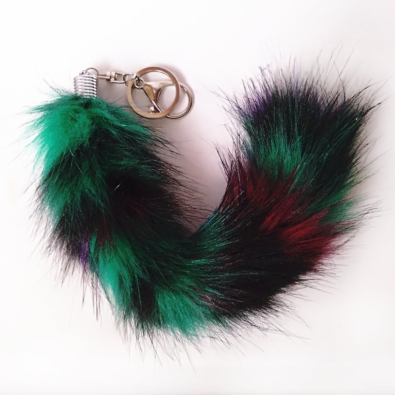 Multi-Colored Faux Raccoon Tail Keychain / Bag Charm Green