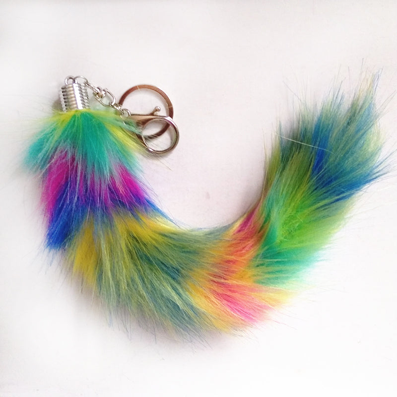 Multi-Colored Faux Raccoon Tail Keychain / Bag Charm Rainbow