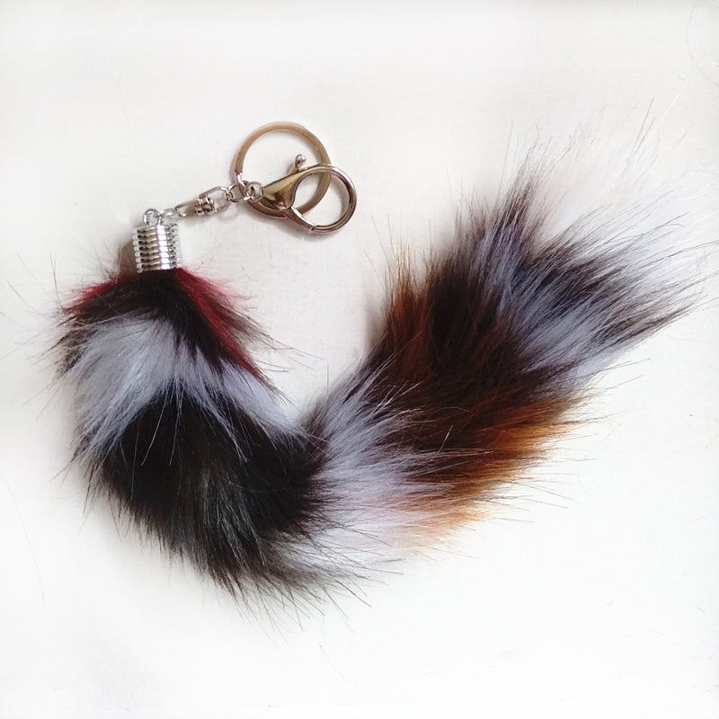Multi-Colored Faux Raccoon Tail Keychain / Bag Charm Light-Gray
