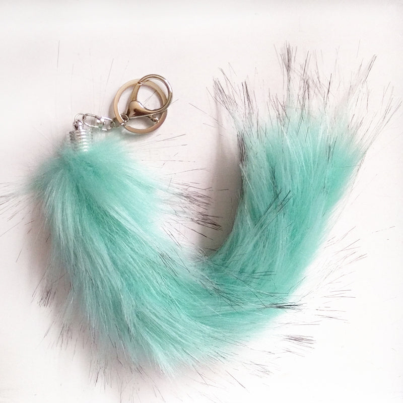 Multi-Colored Faux Raccoon Tail Keychain / Bag Charm Teal