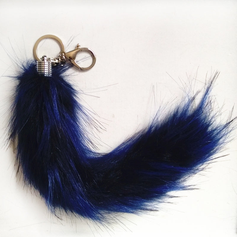 Multi-Colored Faux Raccoon Tail Keychain / Bag Charm Blue