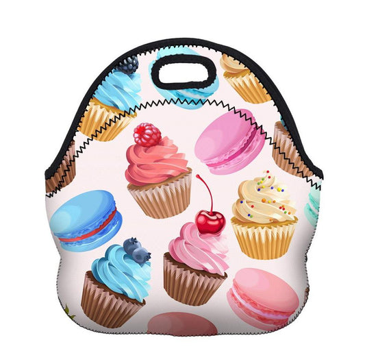 White Insulated Neoprene Cupcake Pattern Lunch Bag