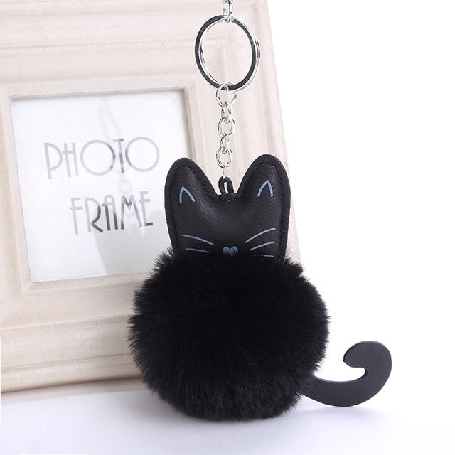 Fluffy Pom Pom Kitty Cat Keychain / Bag Charm Black