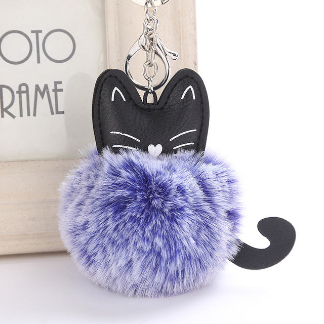 Fluffy Pom Pom Kitty Cat Keychain / Bag Charm Blue