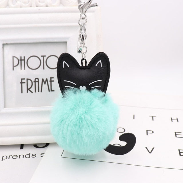 Fluffy Pom Pom Kitty Cat Keychain / Bag Charm Teal