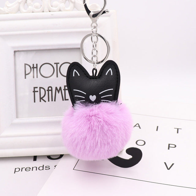 Fluffy Pom Pom Kitty Cat Keychain / Bag Charm Light-Purple