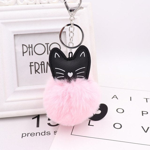 Fluffy Pom Pom Kitty Cat Keychain / Bag Charm Pink