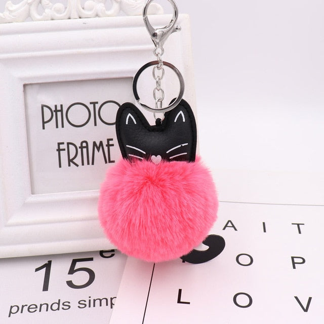 Fluffy Pom Pom Kitty Cat Keychain / Bag Charm Hot-Pink