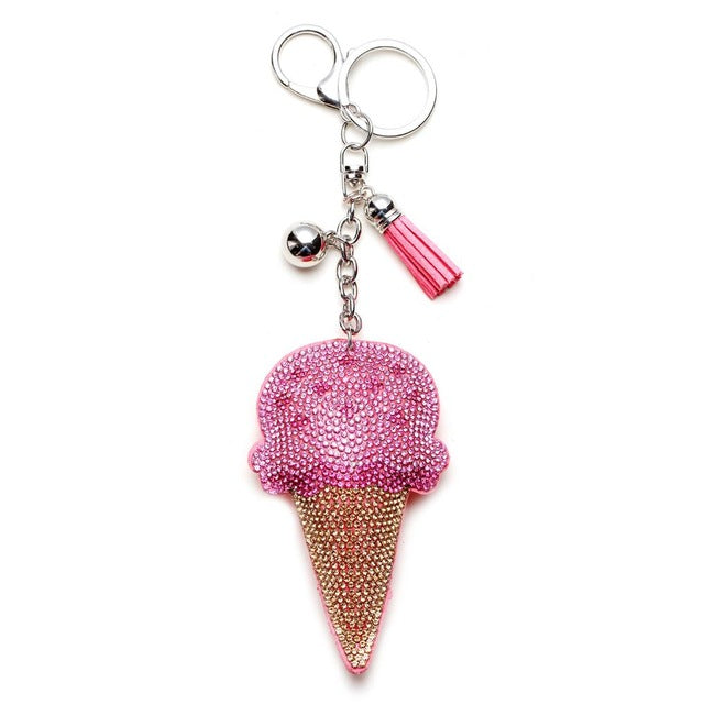 Rhinestone Ice Cream Keychain Bag Charm w/ Tassels Pink