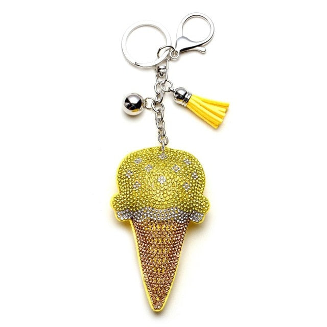 Rhinestone Ice Cream Keychain Bag Charm w/ Tassels Yellow