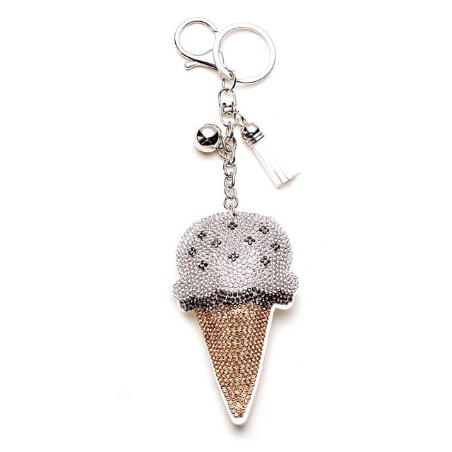 Rhinestone Ice Cream Keychain Bag Charm w/ Tassels White