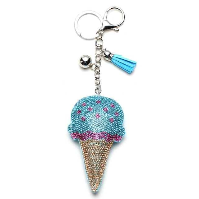 Rhinestone Ice Cream Keychain Bag Charm w/ Tassels Blue