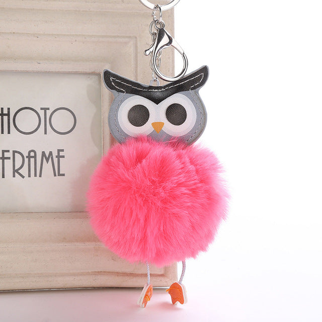Fluffy Pom Pom Owl Keychain / Bag Charm Hot-Pink