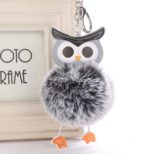 Fluffy Pom Pom Owl Keychain / Bag Charm Gray