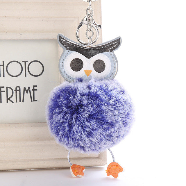 Fluffy Pom Pom Owl Keychain / Bag Charm Blue