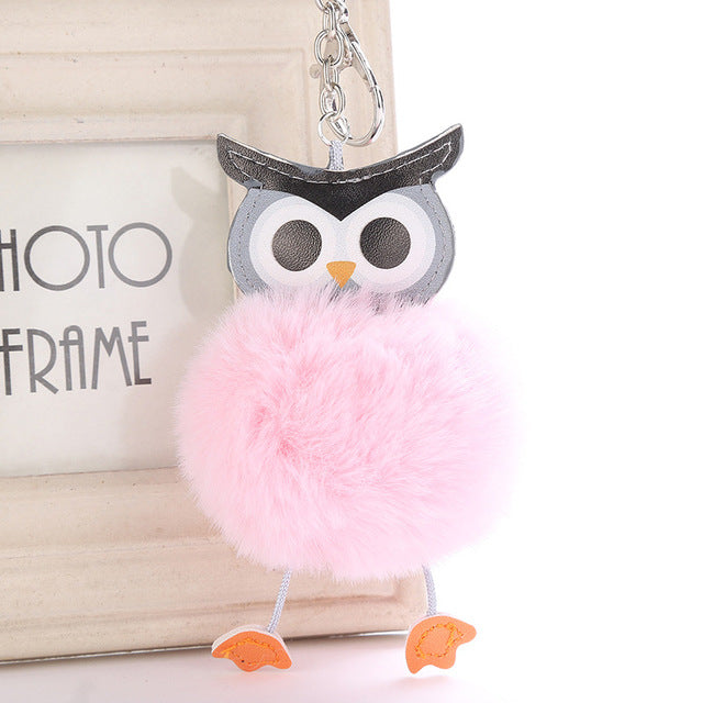 Fluffy Pom Pom Owl Keychain / Bag Charm Pink