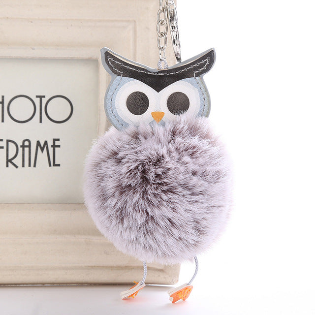 Fluffy Pom Pom Owl Keychain / Bag Charm Light-Gray