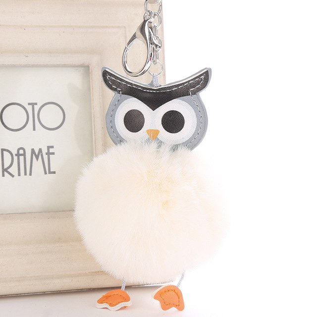 Fluffy Pom Pom Owl Keychain / Bag Charm Beige