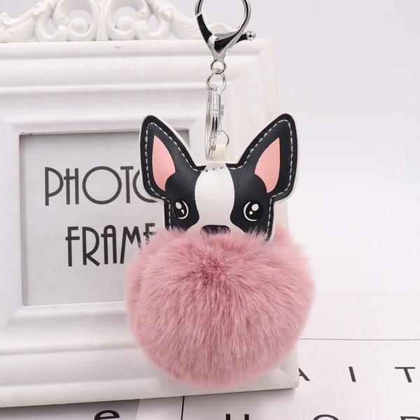Fluffy Pom Pom Chihuahua / Dog Keychain Bag Charm Pink