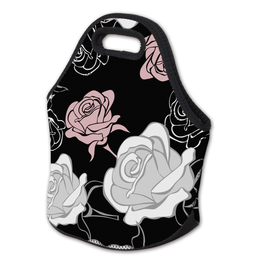 Black Insulated Neoprene Floral Rose Lunch Bag 