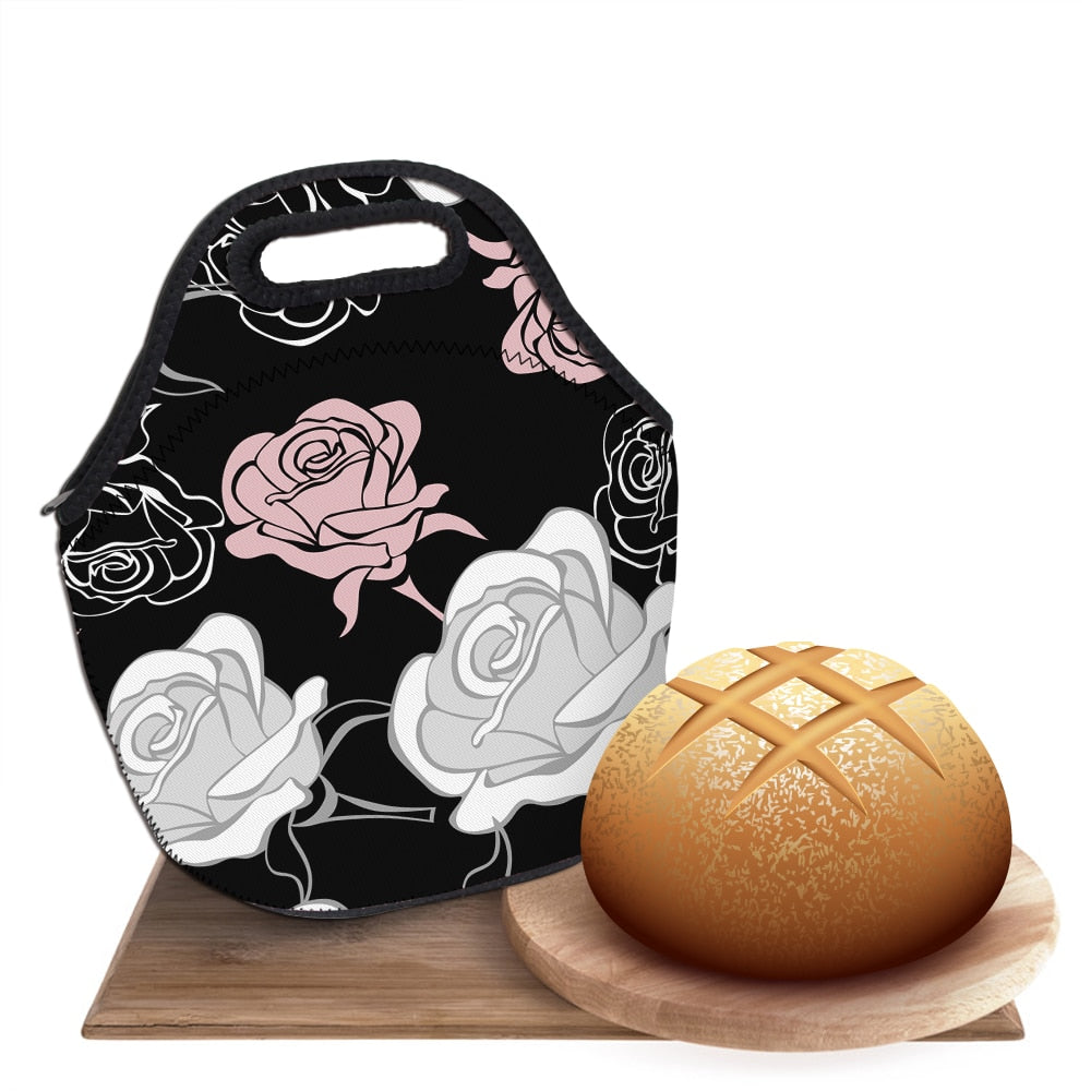Black Insulated Neoprene Floral Rose Lunch Bag 