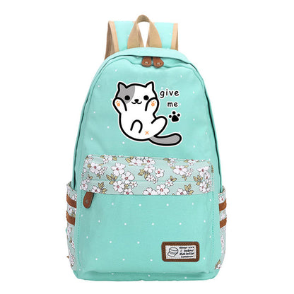 Neko Atsume Anime Cat Backpack w/ Flowers (17&quot;) Style 1 / Teal
