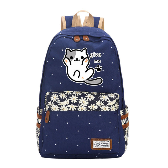 Neko Atsume Anime Cat Backpack w/ Flowers (17&quot;) Style 1 / Navy