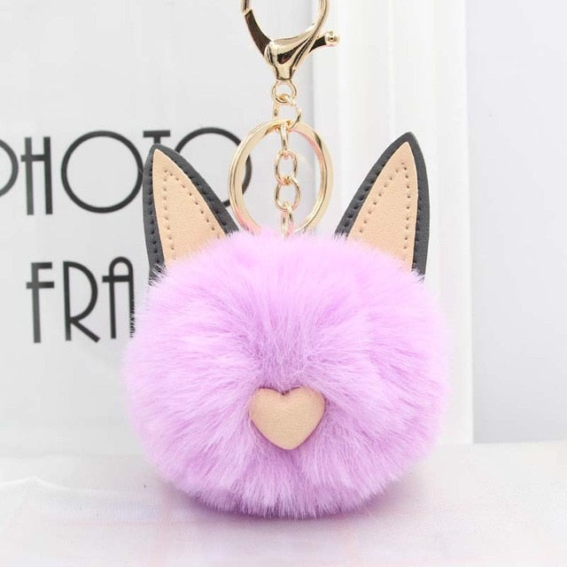 Fluffy Pom Pom Cat Ears Keychain / Bag Charm Light-Purple