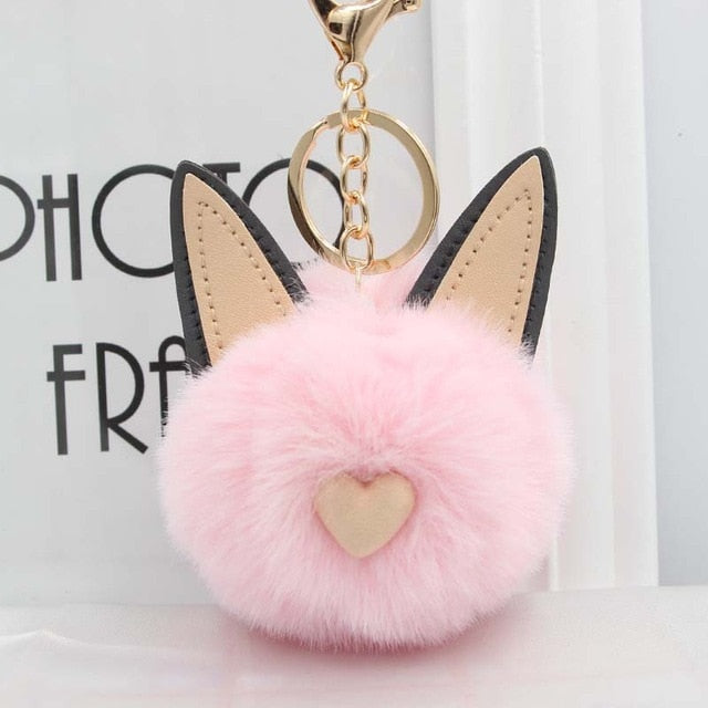 Fluffy Pom Pom Cat Ears Keychain / Bag Charm Pink