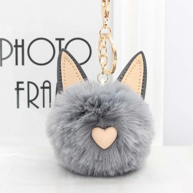 Fluffy Pom Pom Cat Ears Keychain / Bag Charm Gray