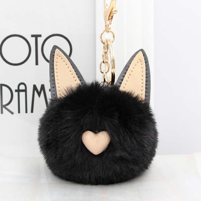 Fluffy Pom Pom Cat Ears Keychain / Bag Charm Black