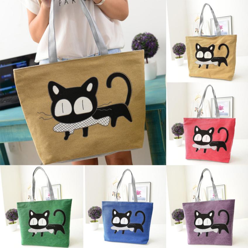 Cartoon Kitty Cat With Fish Shoulder / Tote Bag