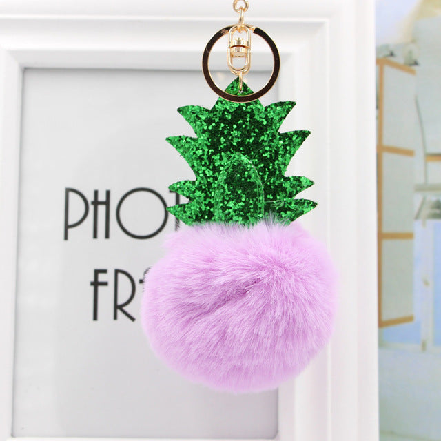Fluffy Pom Pom Pineapple Keychain / Bag Charm Purple