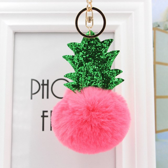 Fluffy Pom Pom Pineapple Keychain / Bag Charm Red